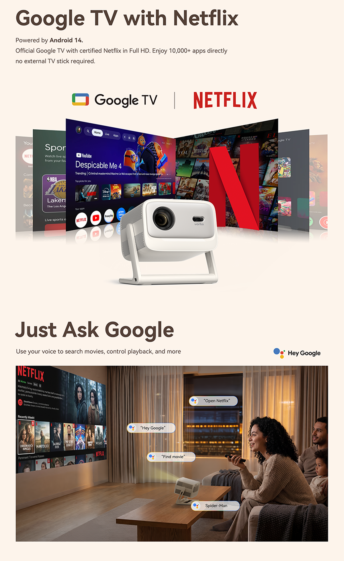 Wanbo Vali 1 Pro Smart Projector 4K Google TV 14 Dolby Audio MEMC HDR10 ...
