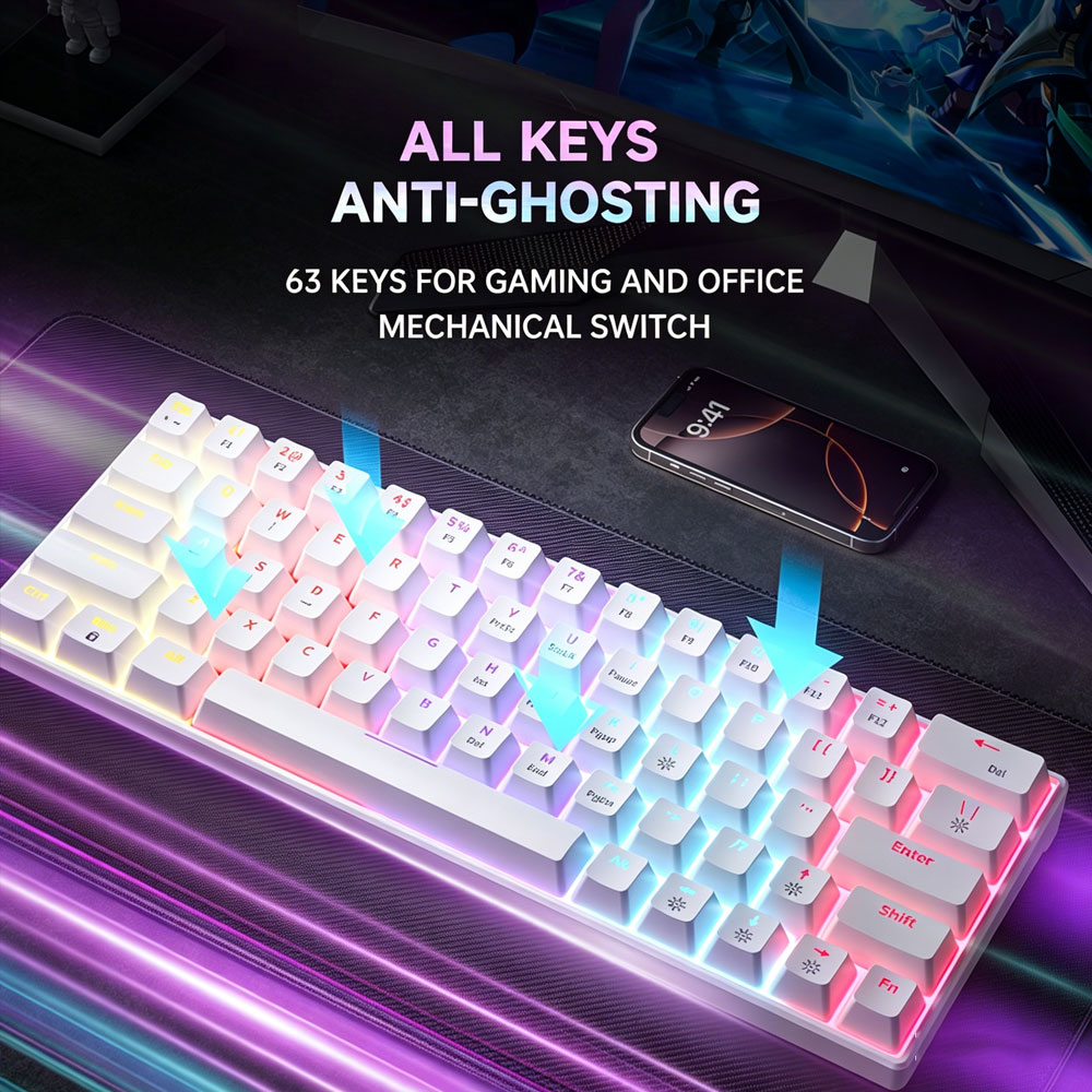 ZIFRIEND KA646 Mechanical Keyboard 64 Keys Rainbow Backlit Blue Red ...