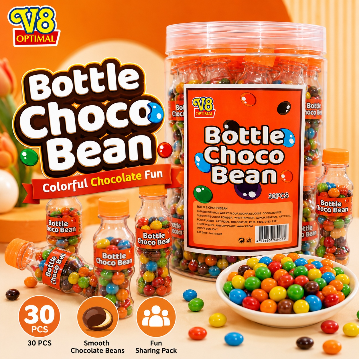 V8 Bottle Choco Beans 30pcs Chocolate Candy Colorful Smooth Chocolate ...
