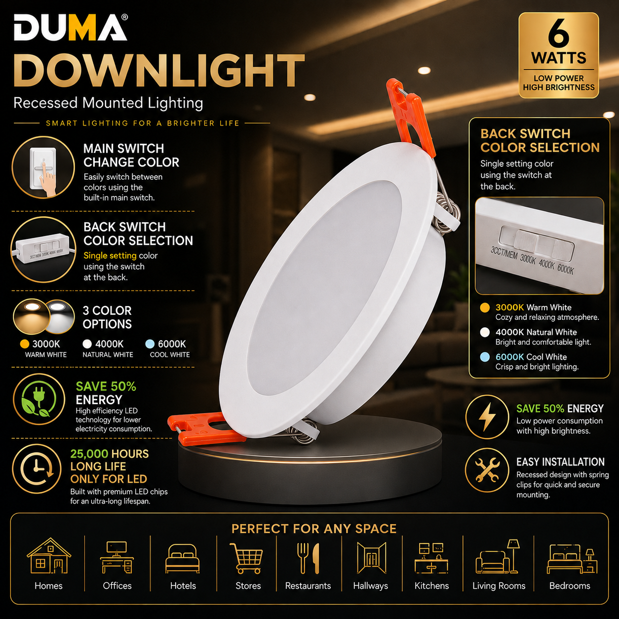 DUMA 6W LED RECESSED DOWNLIGHT TRI-COLOR 527LM | 2-WAY LIGHTING MODE ...