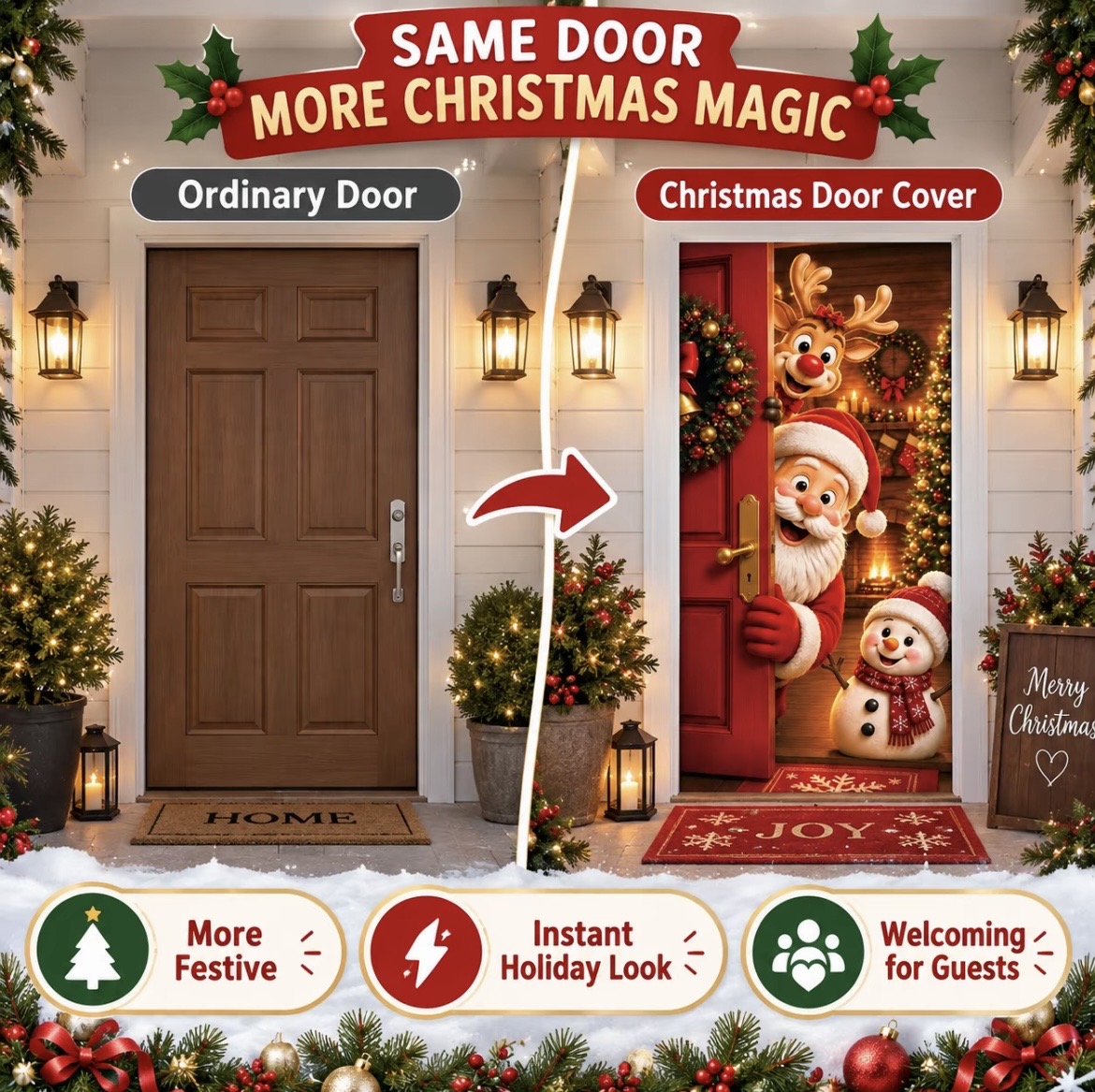 【COD】Christmas Door Curtain Santa & Reindeer Print 90 x 180 cm Holiday ...