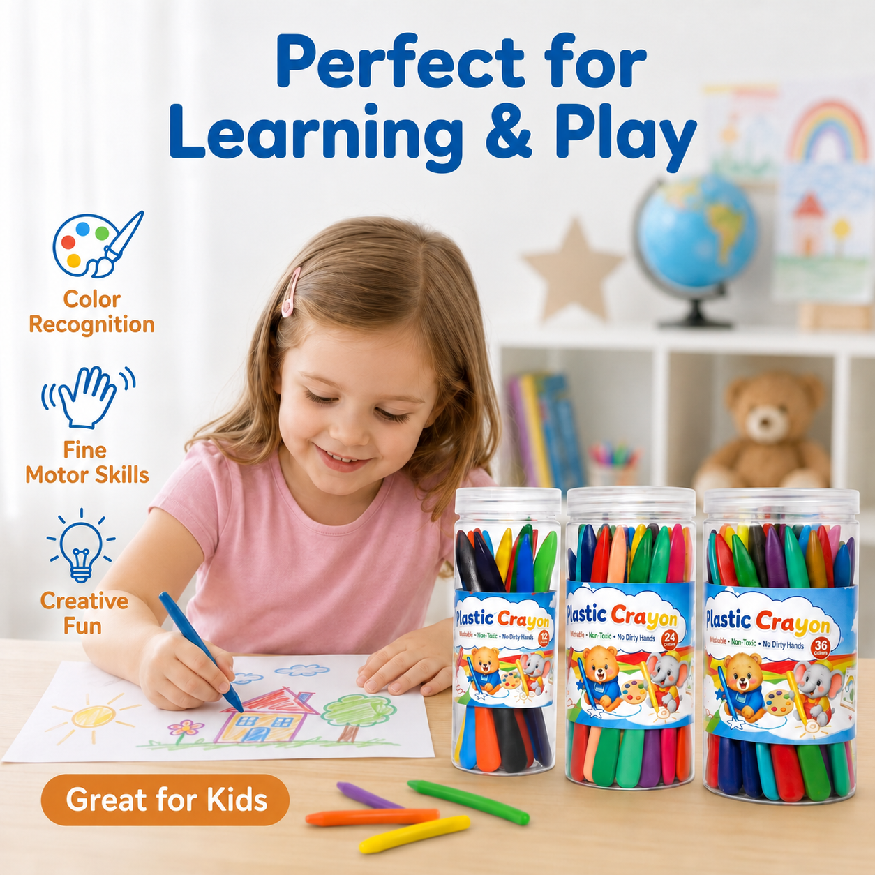 EM 12/24/36 Colors Plastic Crayons Non-Toxic Not Dirty Coloring Set ...