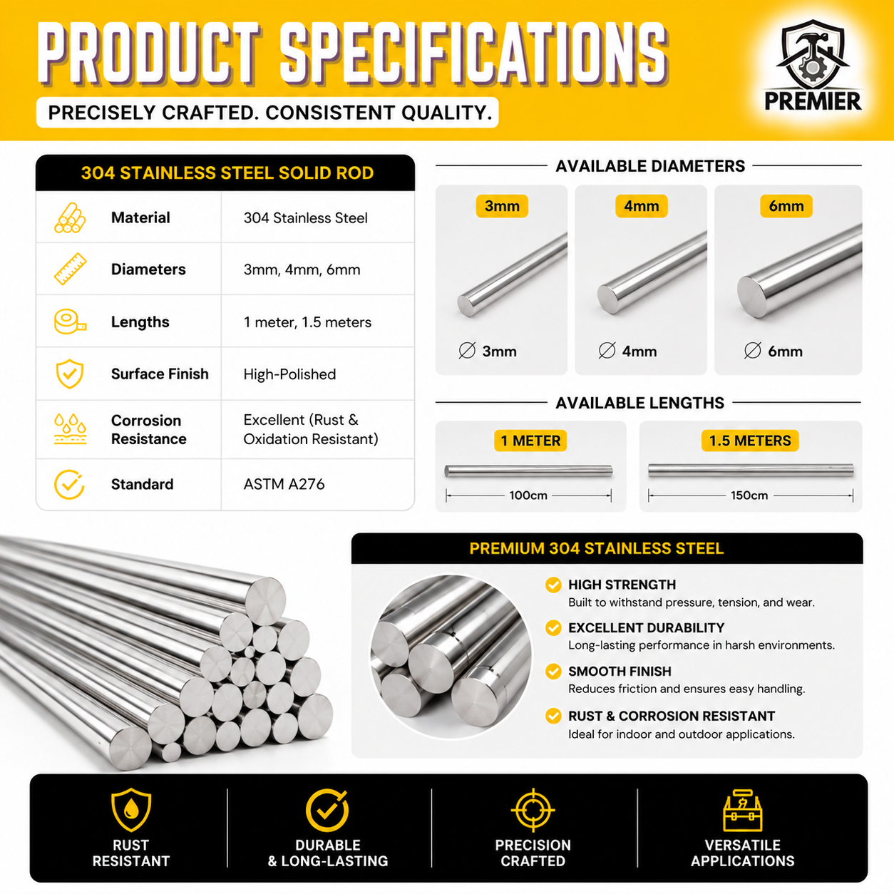10pcs 304 Stainless Steel Shafting Rod Solid Round Bar - Multi-purpose ...