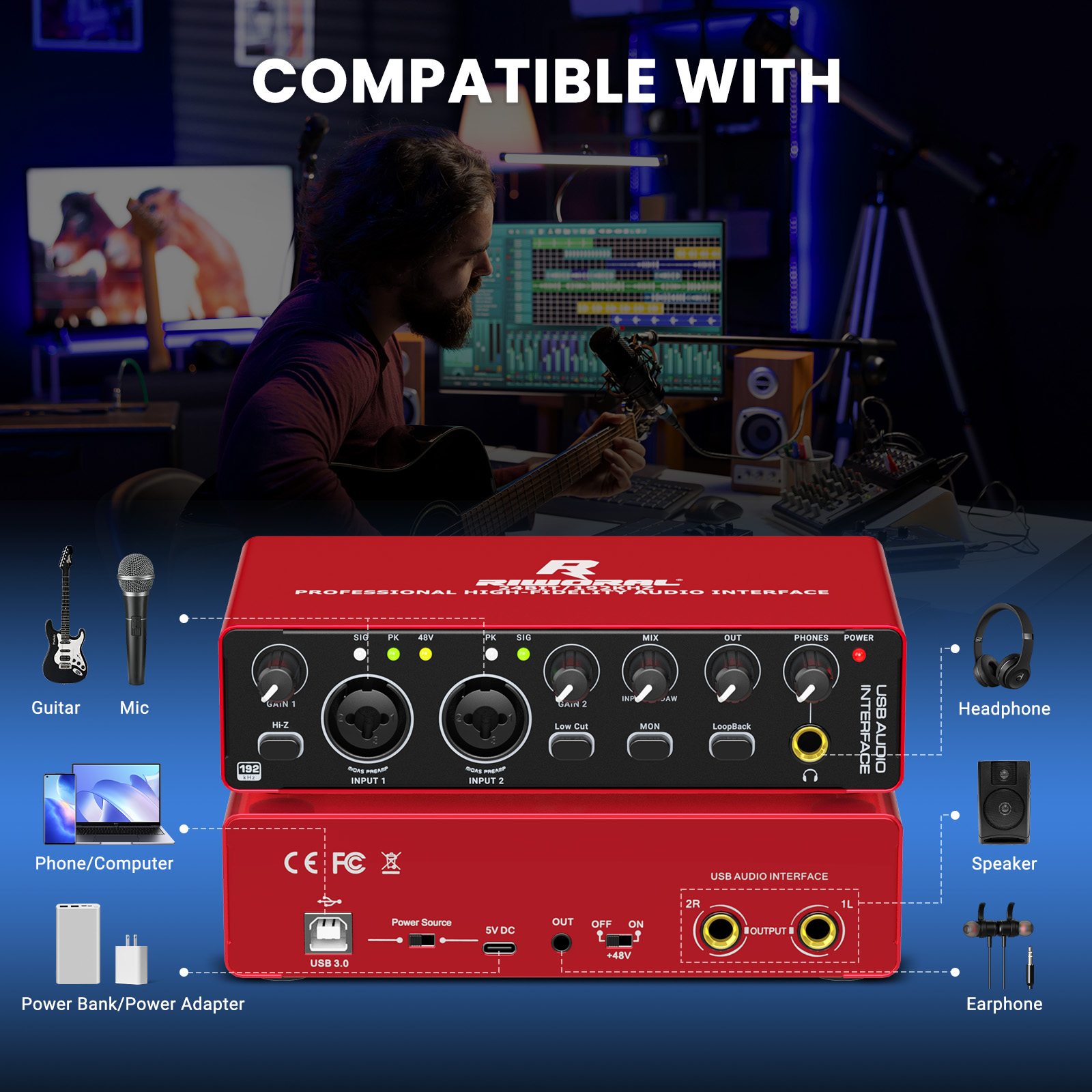 Audio Interface Stereo Sound Card 24 Bit/192 Khz Sound Card Usb ...