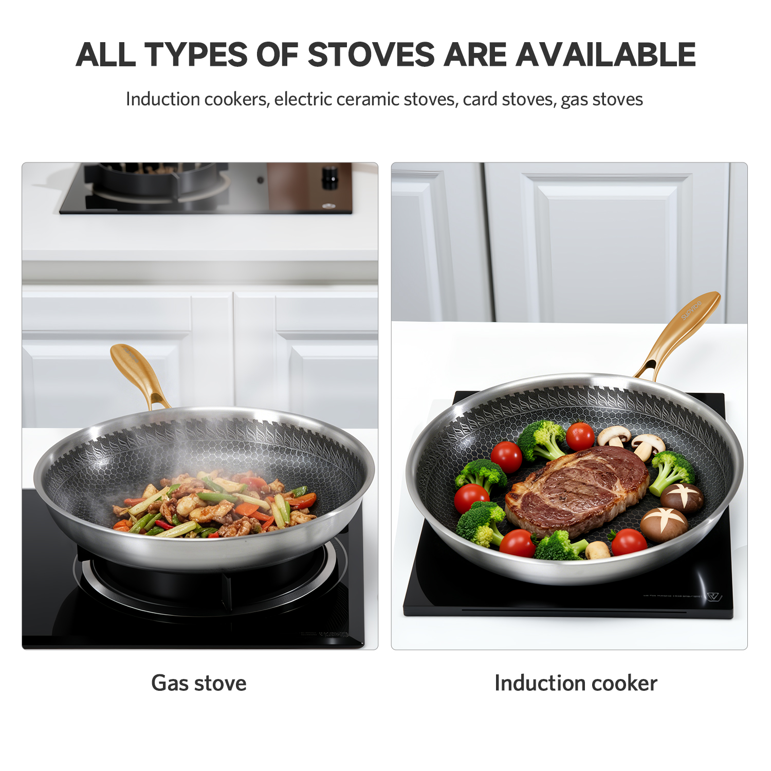 SUPVIBE 316 Stainless Steel Frying Pan Honeycomb coating with lid No ...