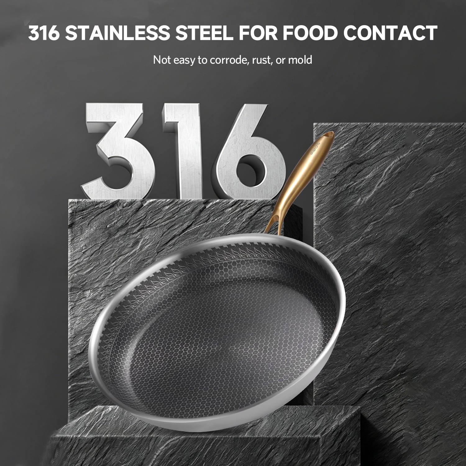 SUPVIBE 316 Stainless Steel Frying Pan Honeycomb coating with lid No ...