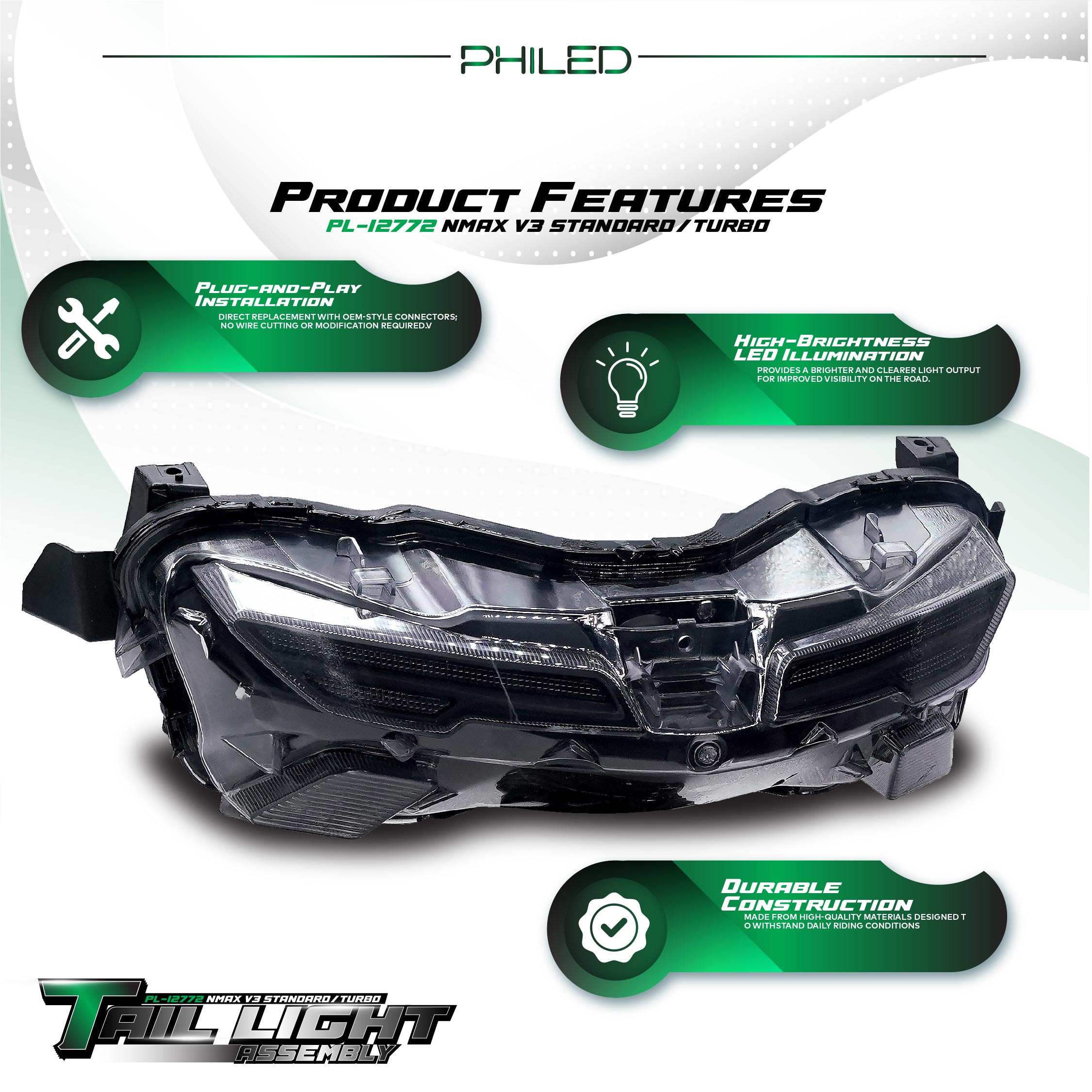 PHILED TAIL LIGHT ASSY FOR NMAX V3 STD/TURBO CLEAR LENS PL-12772 REAR ...