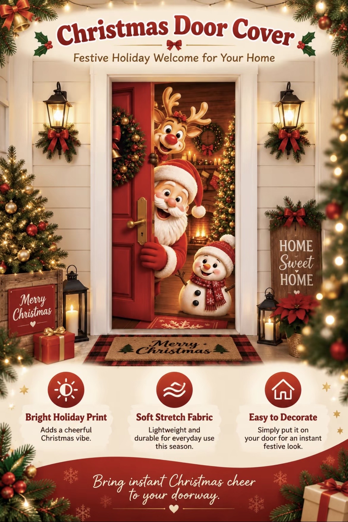 【COD】Christmas Door Curtain Santa & Reindeer Print 90 x 180 cm Holiday ...