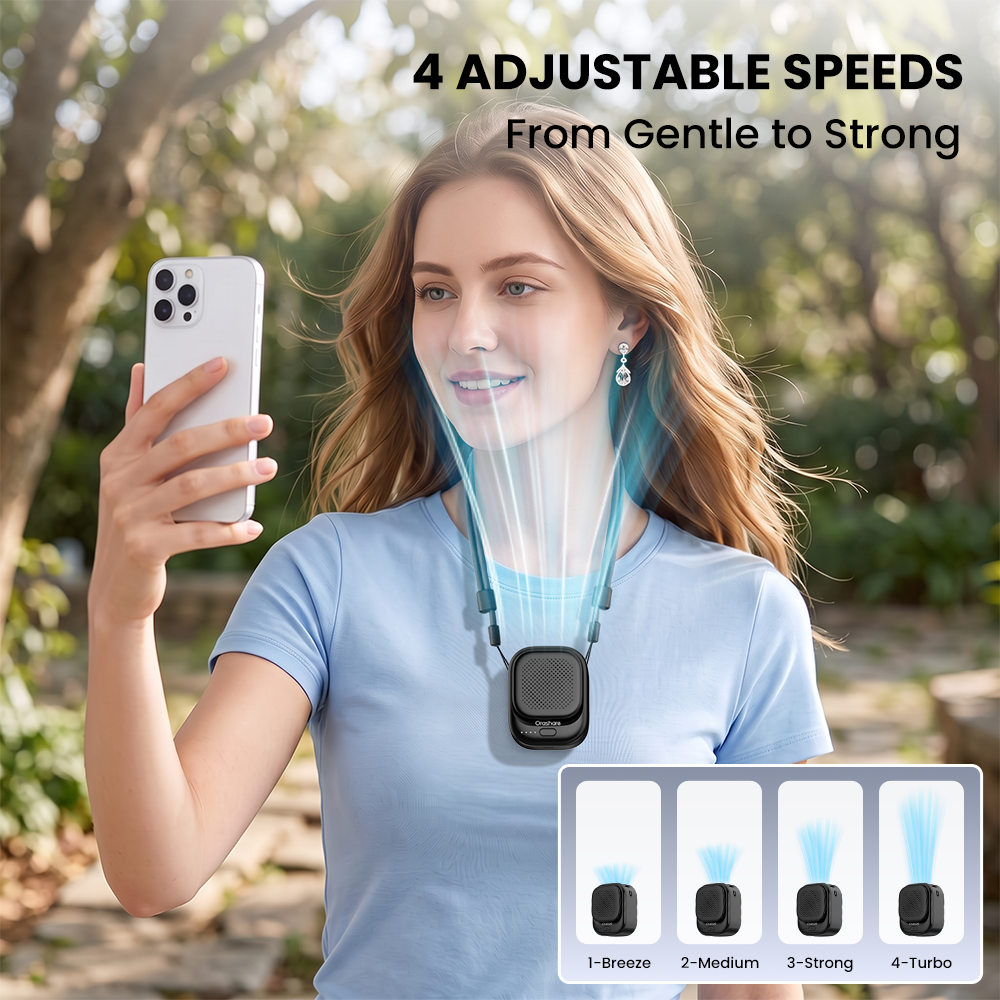 Orashare NF04 Mini Neck Fan 2000mAh Rechargeable 4 Speed Strong Wind ...