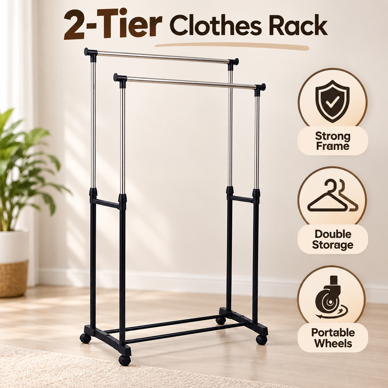 Heavy Duty Clothes Rack with Wheels Double Rod Adjustable Height ...