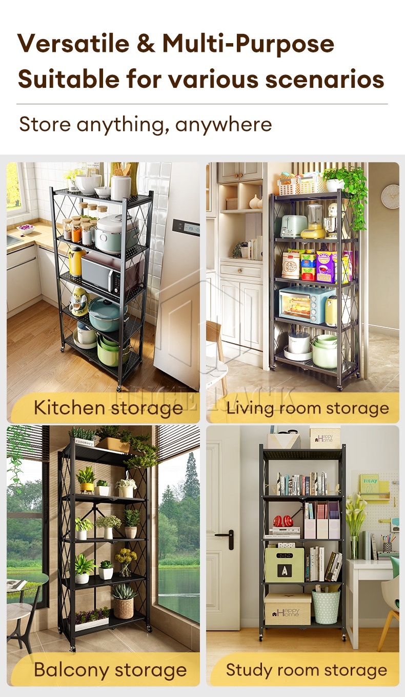 Foldable Metal Rack With Wheels Free Installation Kitchen Shelf ...