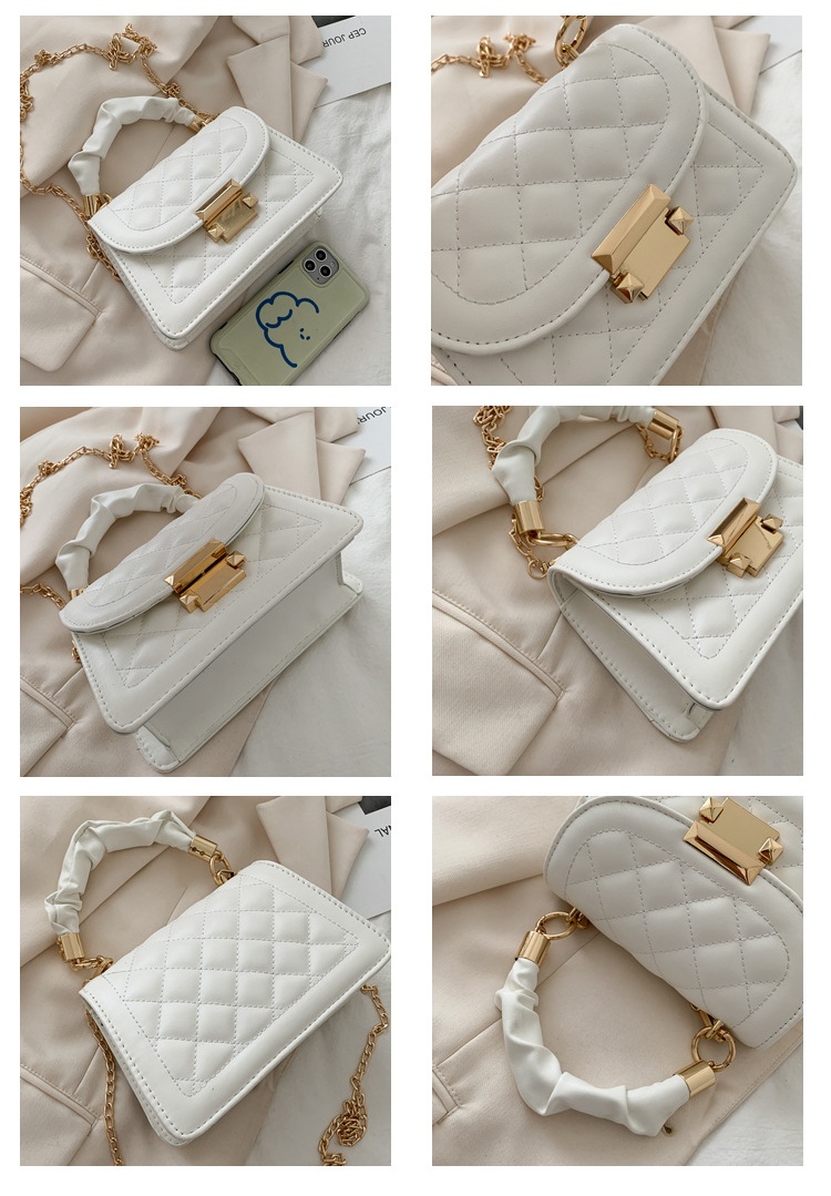 Diamond Quilted Mini Square Handbag Ruched Top Handle Metal Chain ...