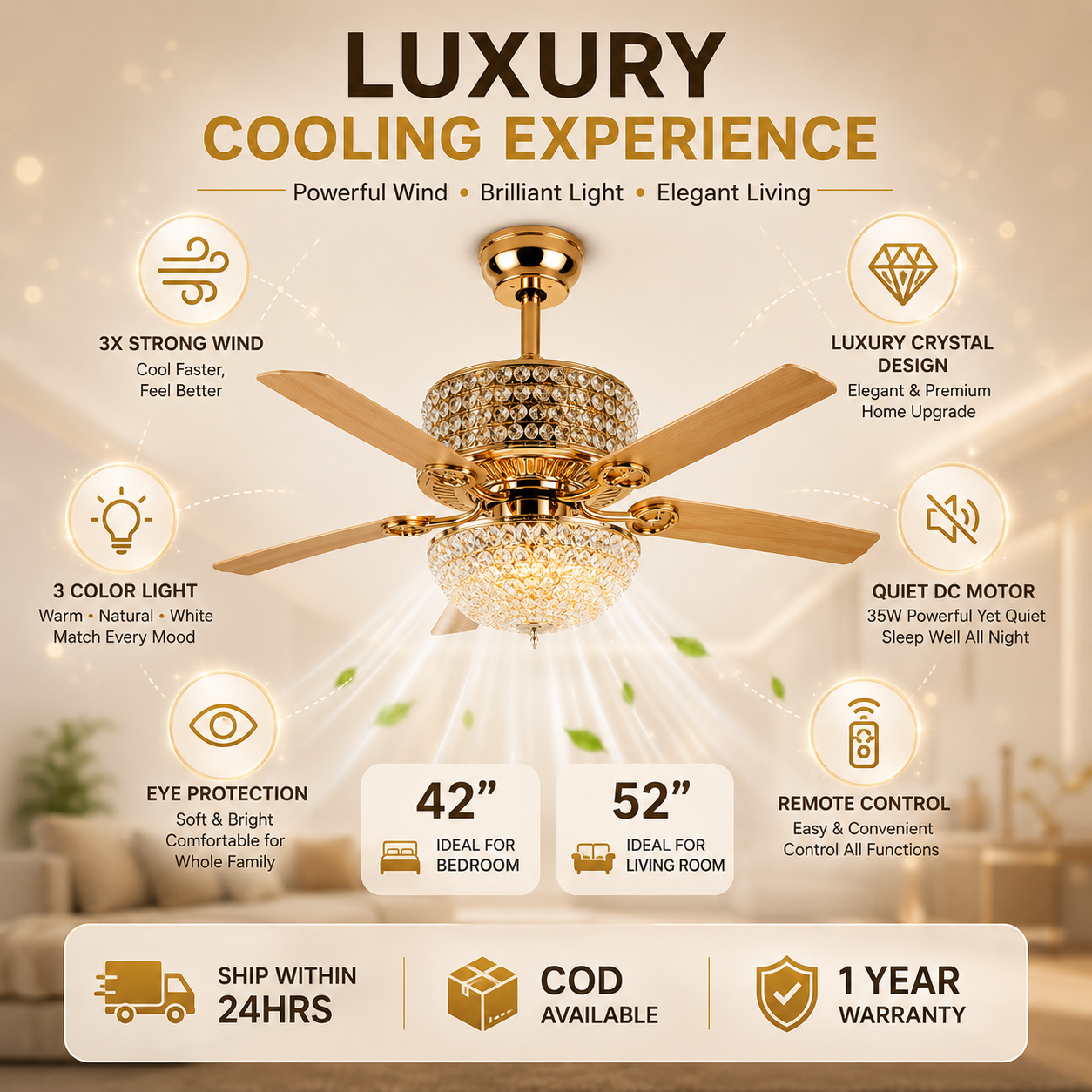 Crystal Ceiling Fan with Light Silent Motor 24W 3 Color LED Remote ...