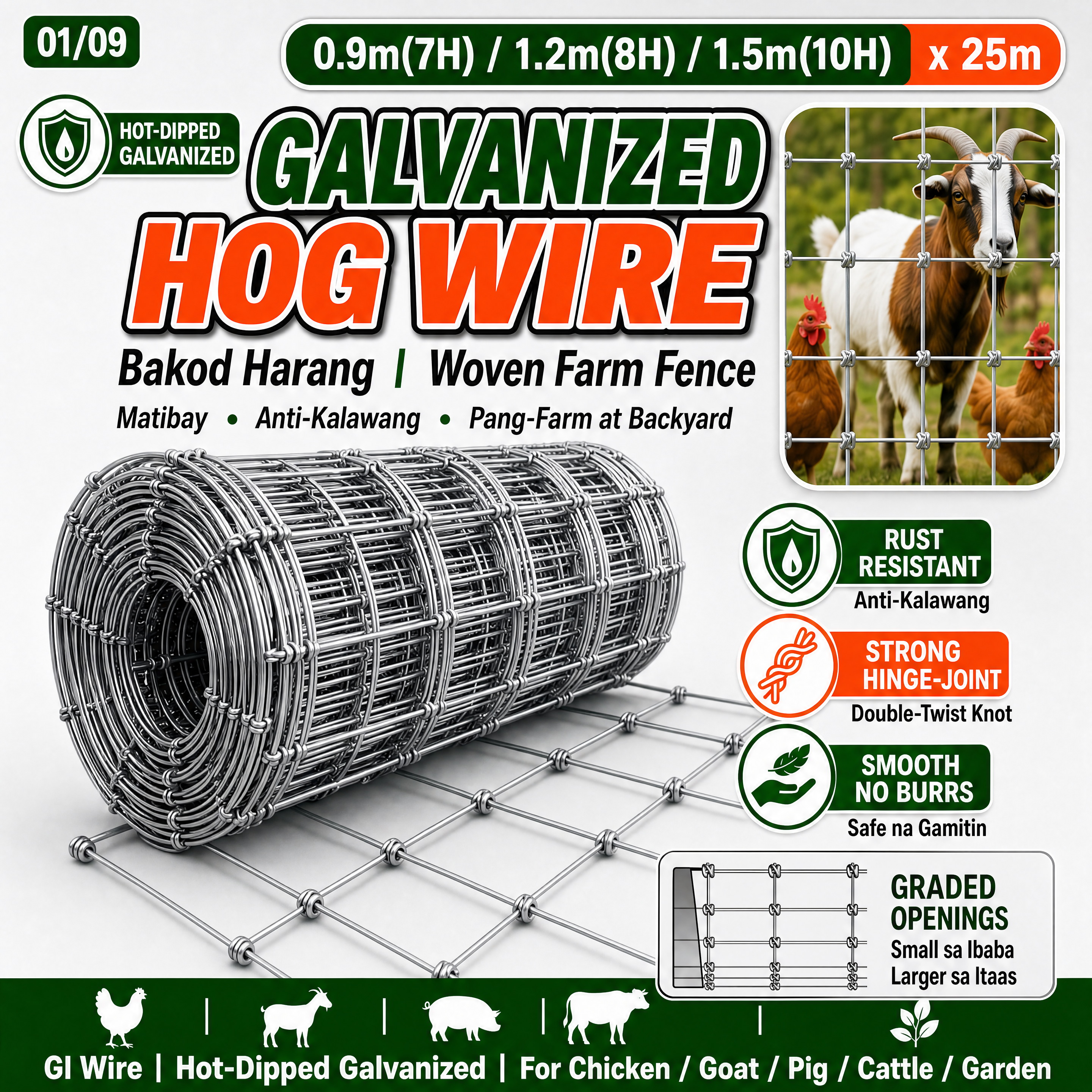 7 /8 /9 /10 Holes 27Metes Galvanized Hog Wire Goat Wire Goat Fencing ...