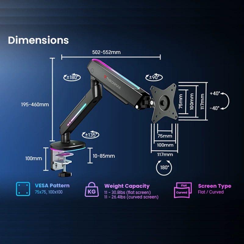 THRONMAX MS25 Monitor Arm Desk Mount Black Adjustable Rotating Lifting ...