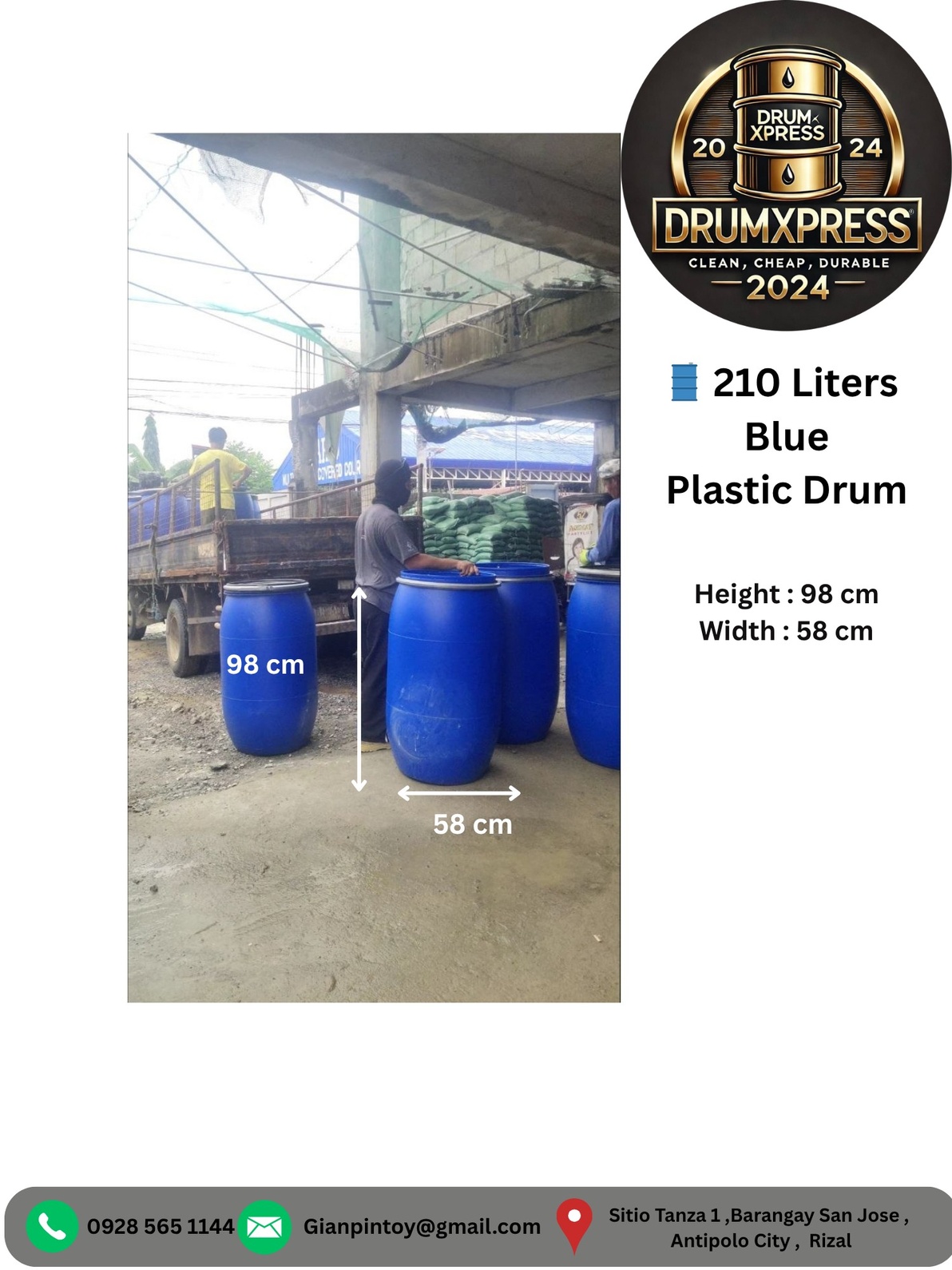 220L Blue Plastic Drum with Lid Heavy Duty Water Storage Barrel Food ...