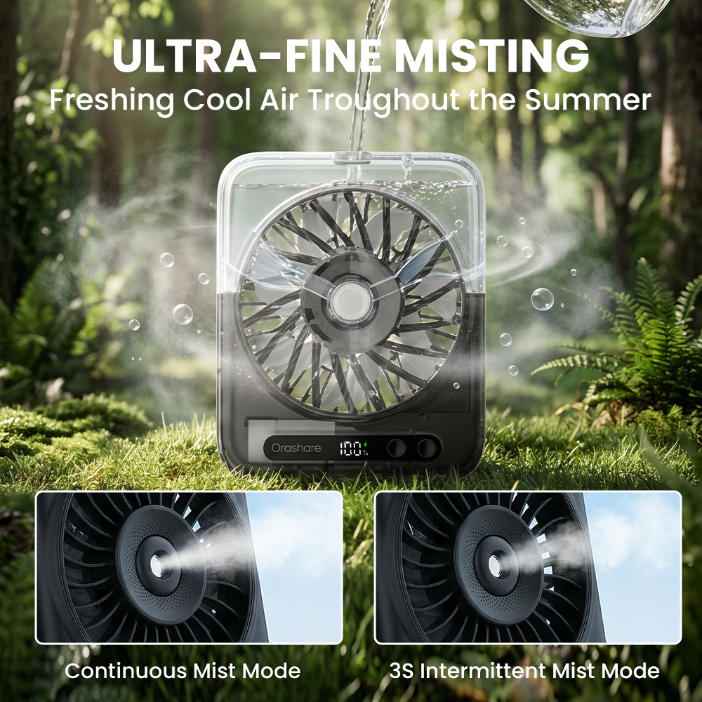 Orashare DFM02 Desk Fan Mist Cooling 4000mAh Rechargeable 5 Speed ...
