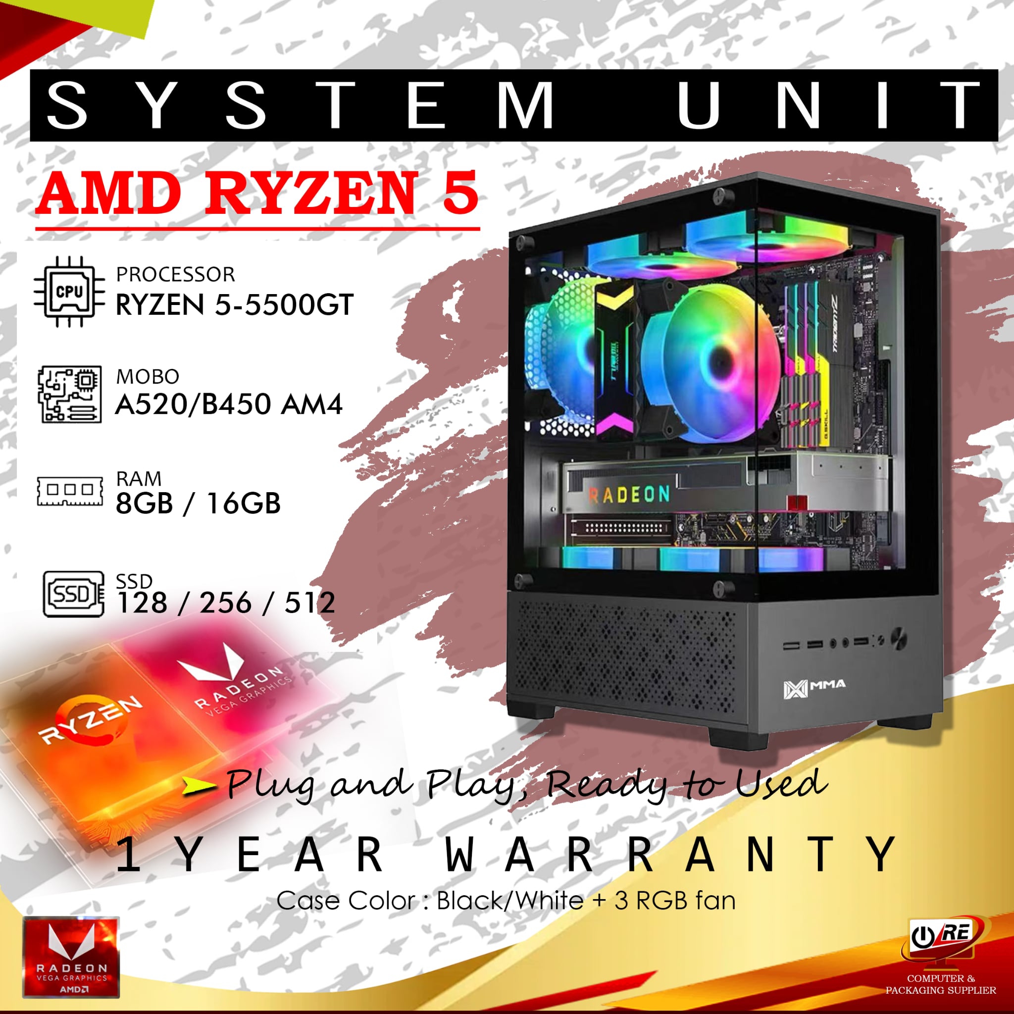 AMD Ryzen 5 5500Gt 8/16gb Ram / 120, 240, 512gb ssd Glass Case with PSu ...
