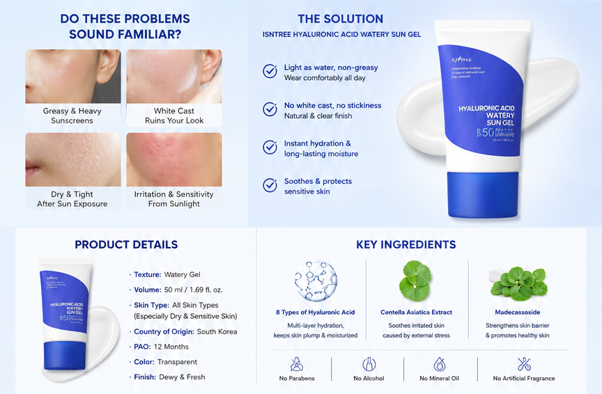 Isntree Hyaluronic Sun Gel Sunscreen Acid Watery 50ml SPF50+ PA+++ with ...