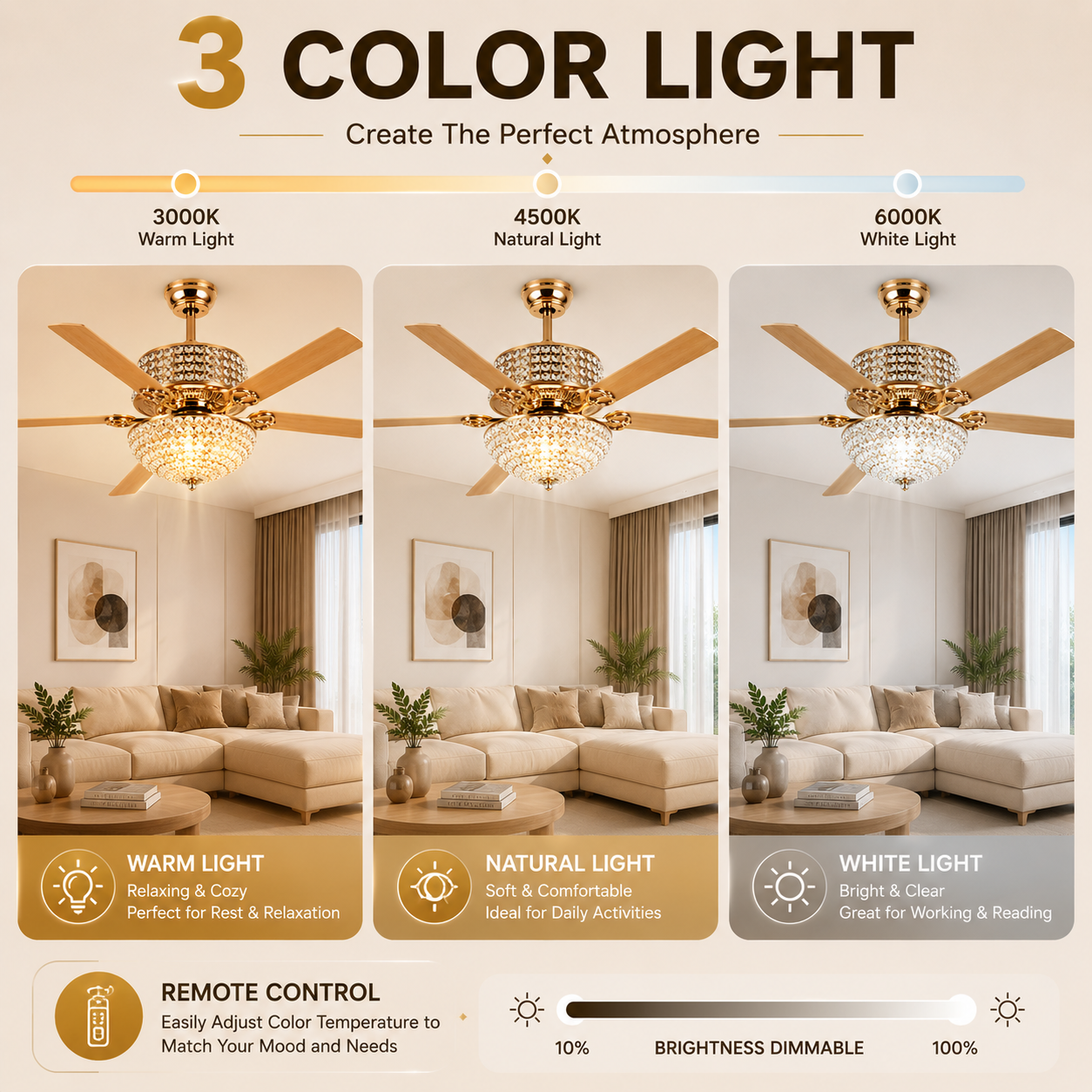 Crystal Ceiling Fan with Light Silent Motor 24W 3 Color LED Remote ...