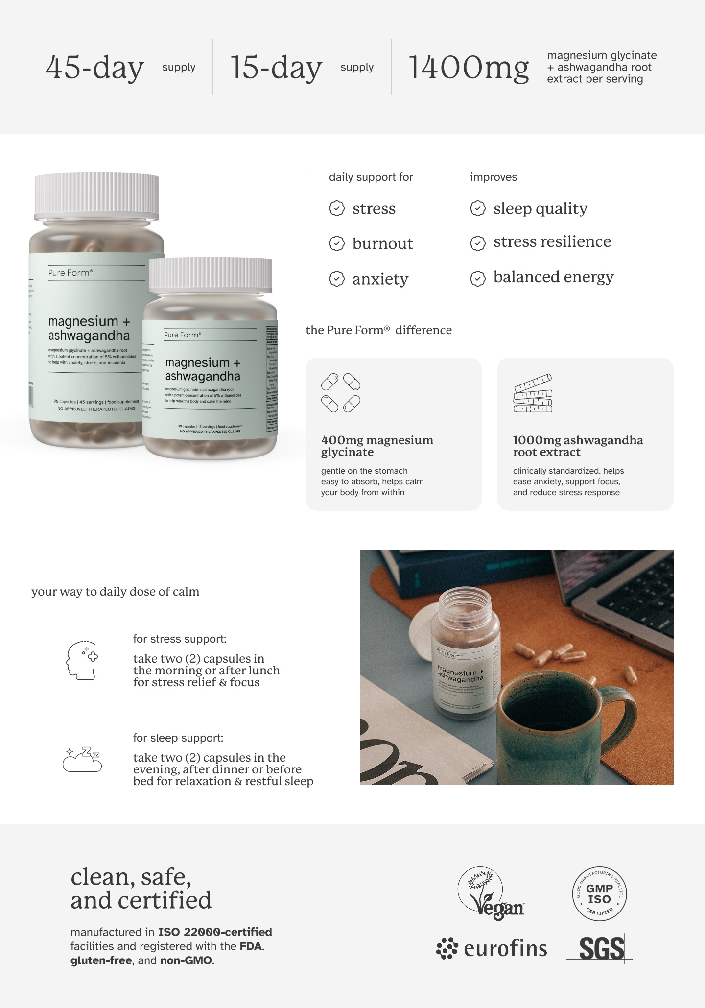 Pure Form® Magnesium + Ashwagandha | 1,400mg of Magnesium Glycinate and ...