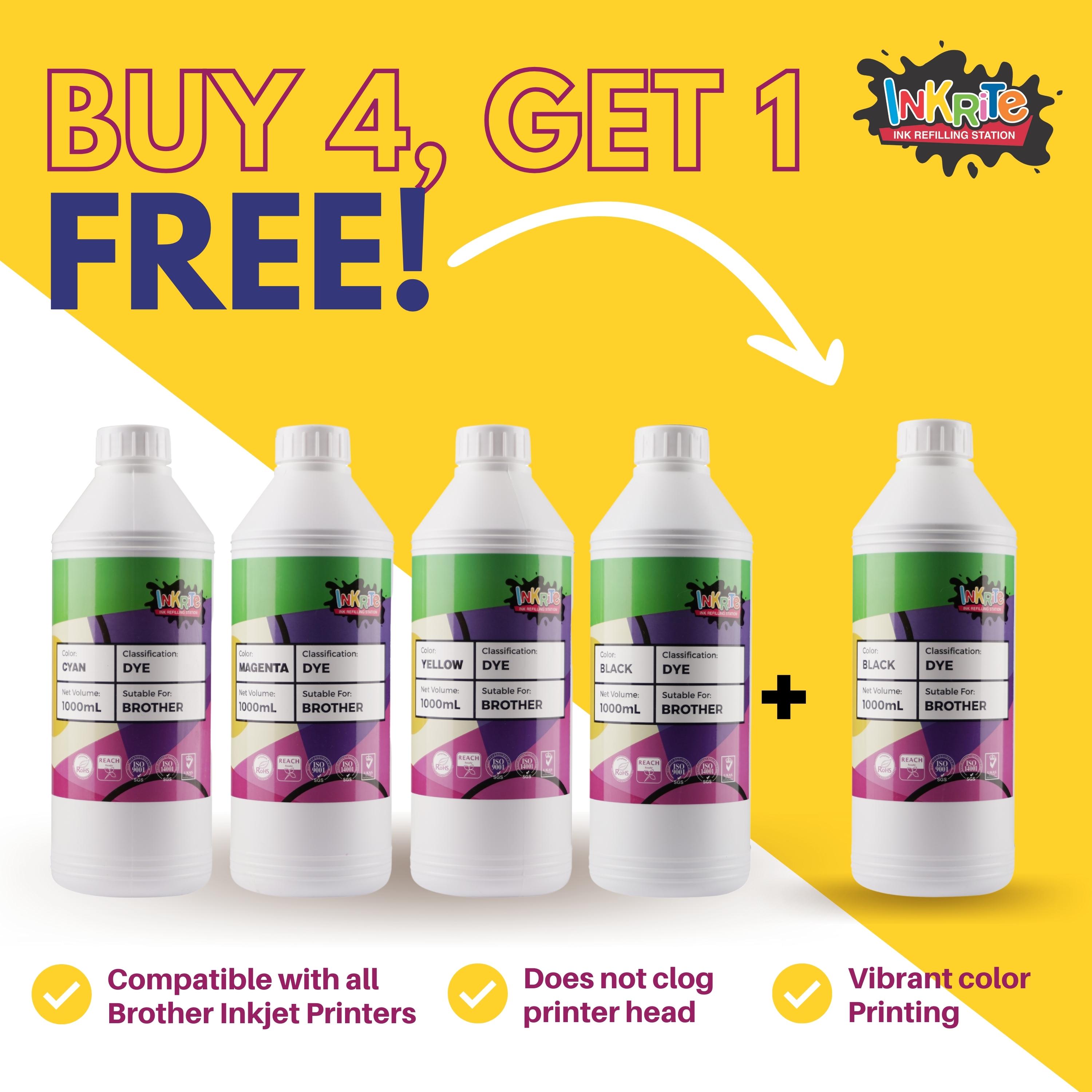 [BUY 4 GET 1 FREE] Inkrite Dye Ink for Brother Inkjet Printers, 1000 ml ...