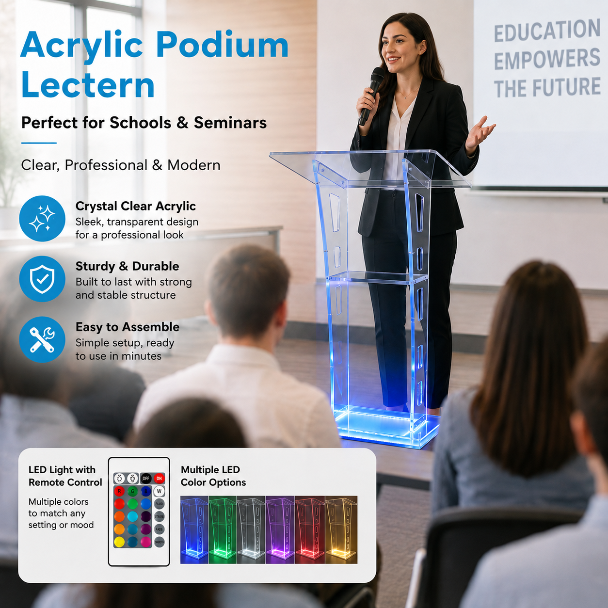 Sturdy Acrylic Podium Stand Easy Assembly Clear Lectern Pulpit for ...