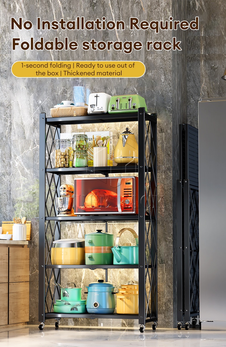Foldable Metal Rack With Wheels Free Installation Kitchen Shelf ...