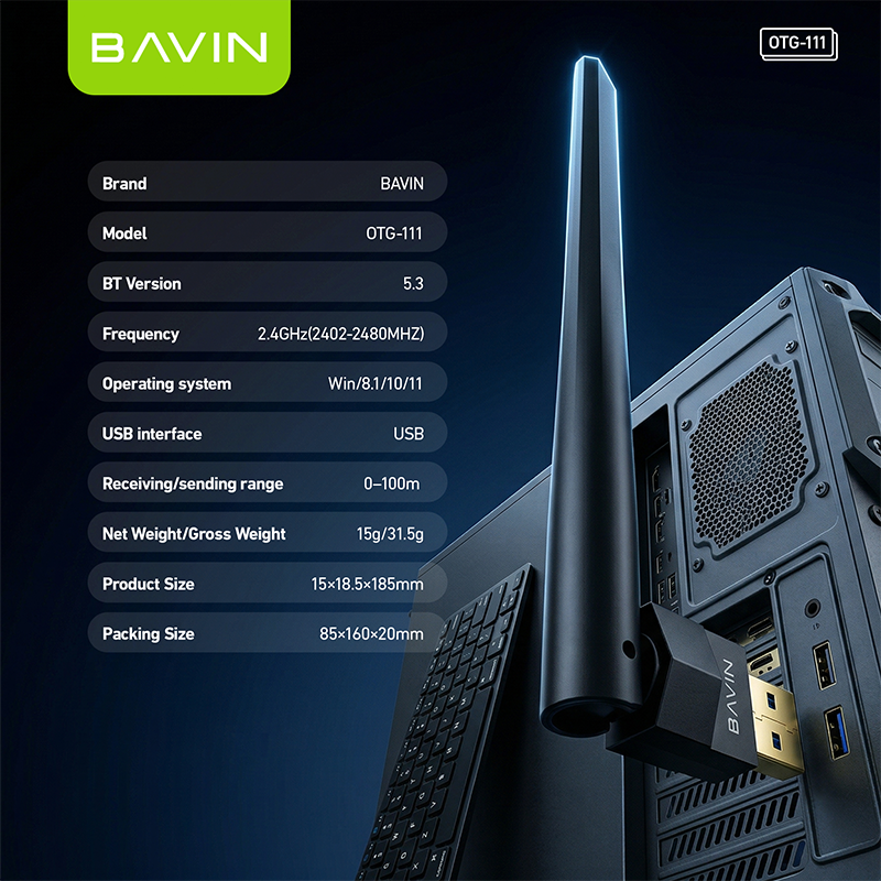 BAVIN O111 USB Bluetooth 5.3 100M Dongle Wireless Adapter for PC ...