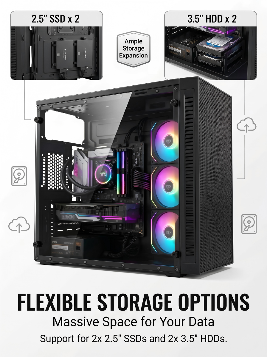EXPOSE Computer Case Build-in RGB 3 Fans Tempered Glass ATX MATX Gaming ...