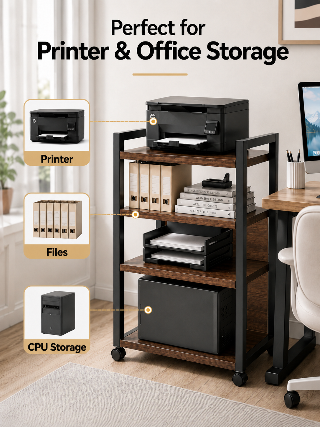 Printer Shelving With Wheels Thickened Office Organizer Shelves 3 Layer ...
