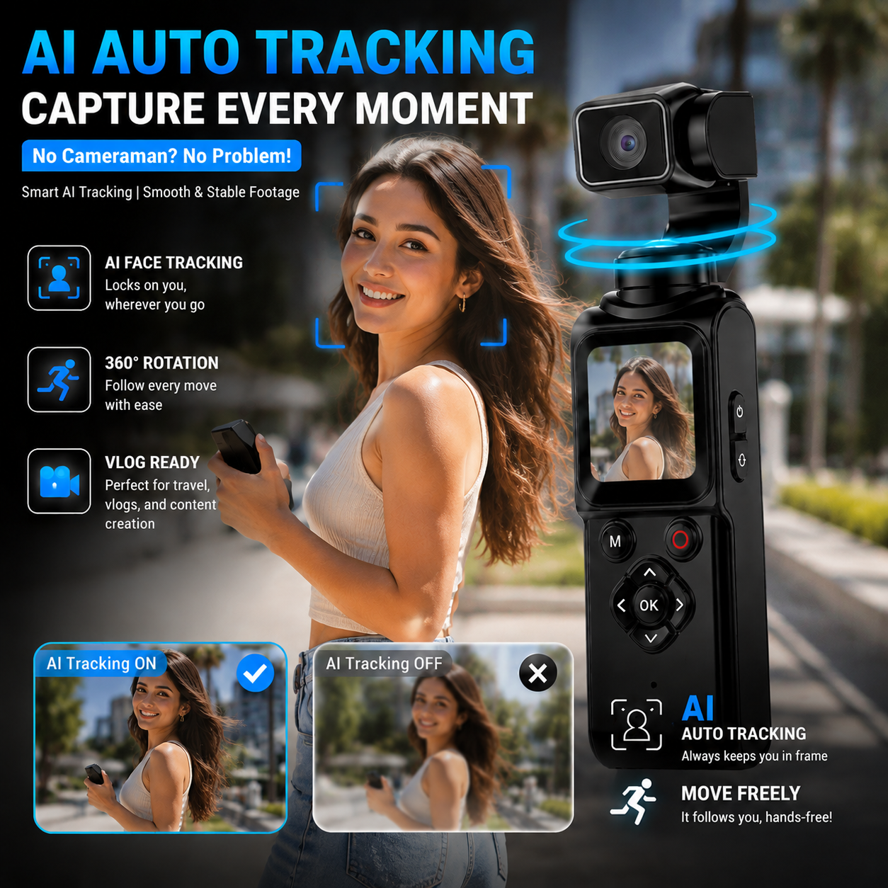 MODOFO 4K Pocket Camera AI Face Tracking Handheld WiFi Portable Digital ...