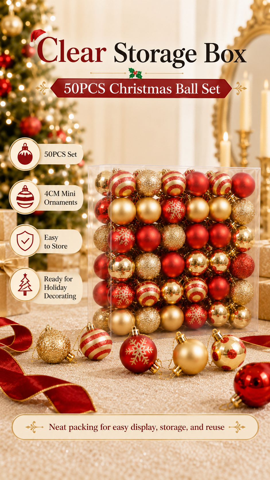 50Pcs Christmas Tree Ball Set 4cm Red Gold Plastic Hanging Ornaments ...