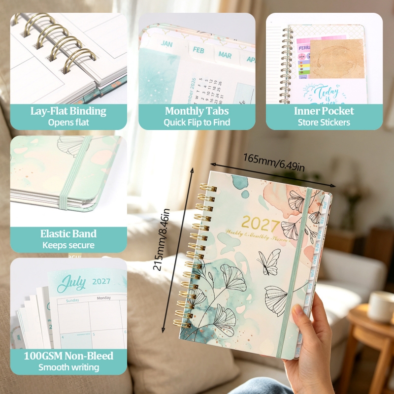 2027 Planner Plant flowers HardCover Weekly Monthly A5 Notebook 100gsm ...