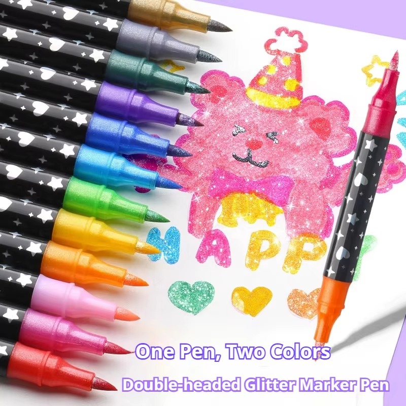 12 Pcs Dual Tip Glitter Acrylic Markers 24 Colors for Drawing Coloring ...