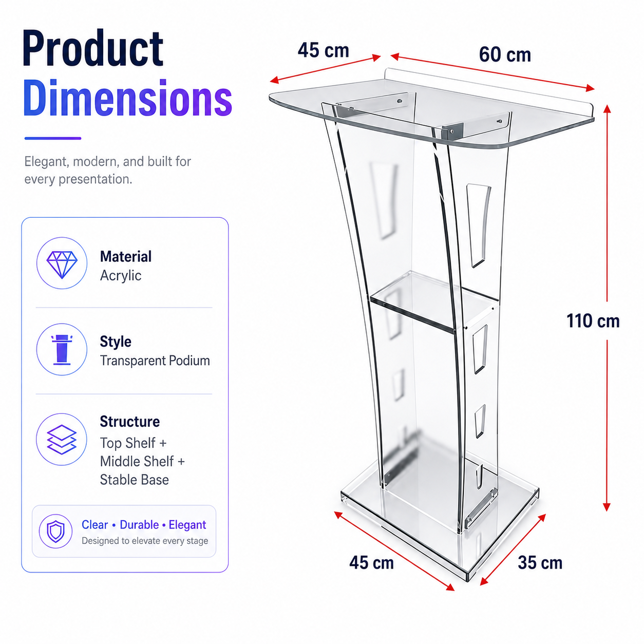 Sturdy Acrylic Podium Stand Easy Assembly Clear Lectern Pulpit for ...
