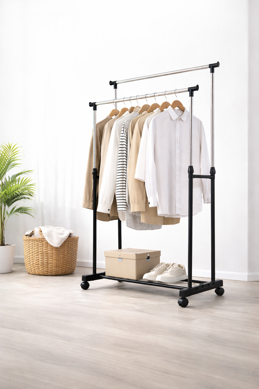 Heavy Duty Clothes Rack with Wheels Double Rod Adjustable Height ...