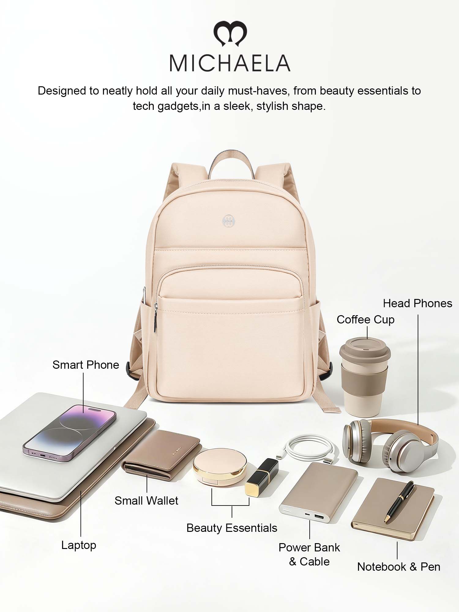 MICHAELA Stylish Campus Backpack Thick Re-Nylon Multi-Pockets for ...