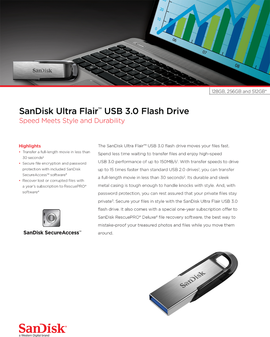 Sandisk Ultra Flair 128GB/256GB/512GB USB 3.0 Flash Drive (Speed Up to ...