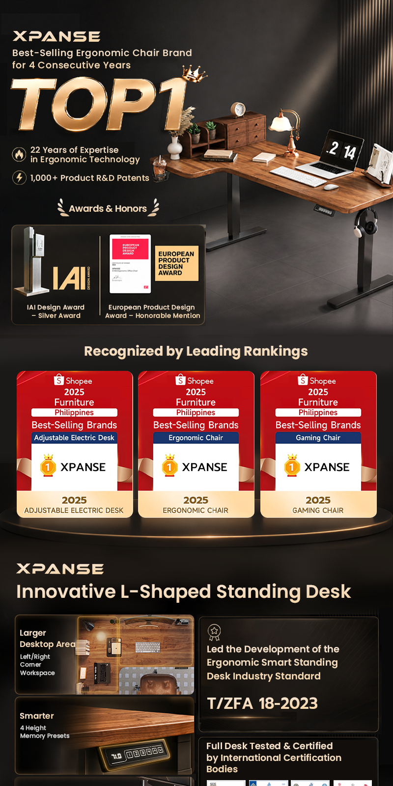 XPANSE Walnut L-Shaped Electric Desk - For Corner Office Study Table ...