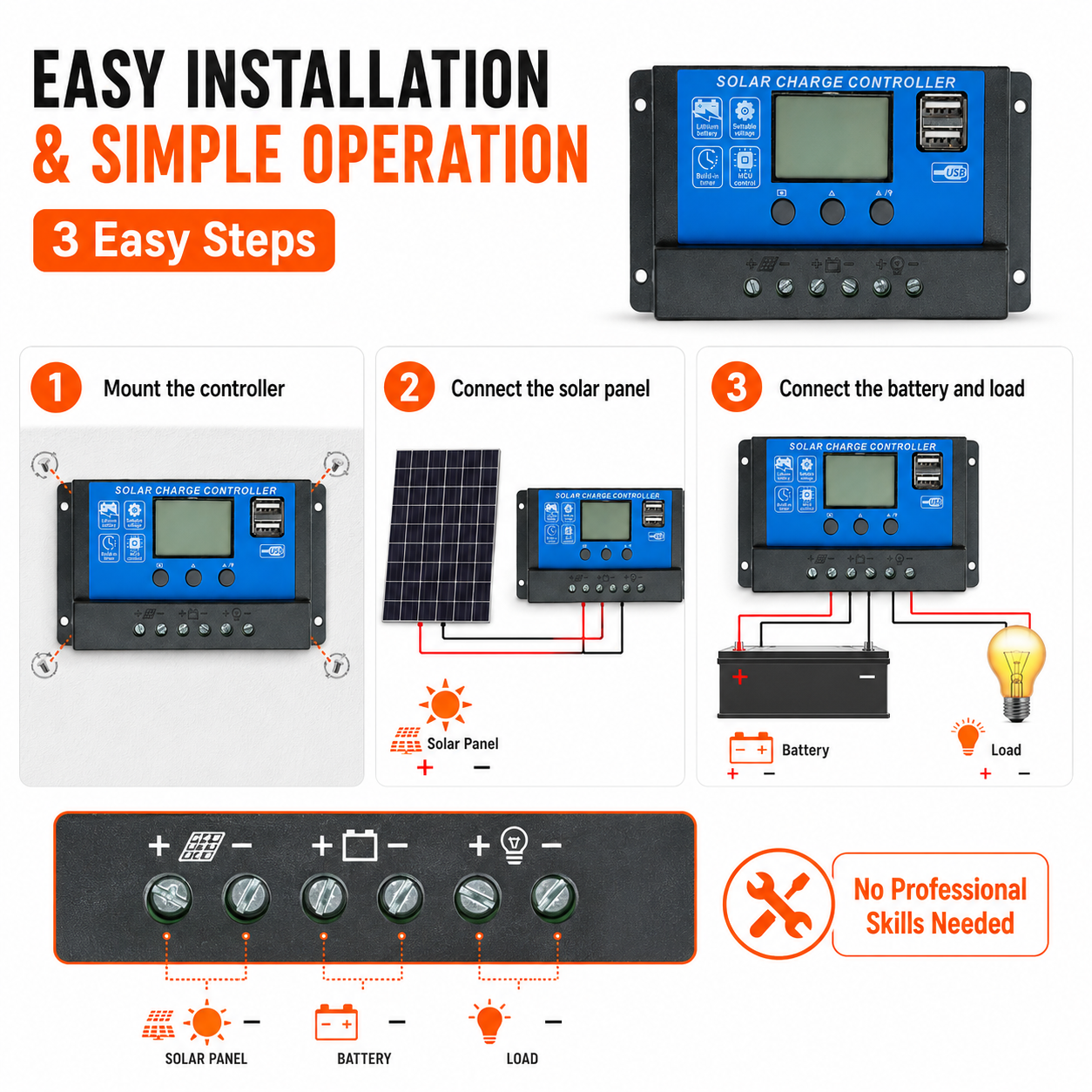 30A Solar Charge Controller 12V/24V PWM LCD Dual USB with Free Solar ...