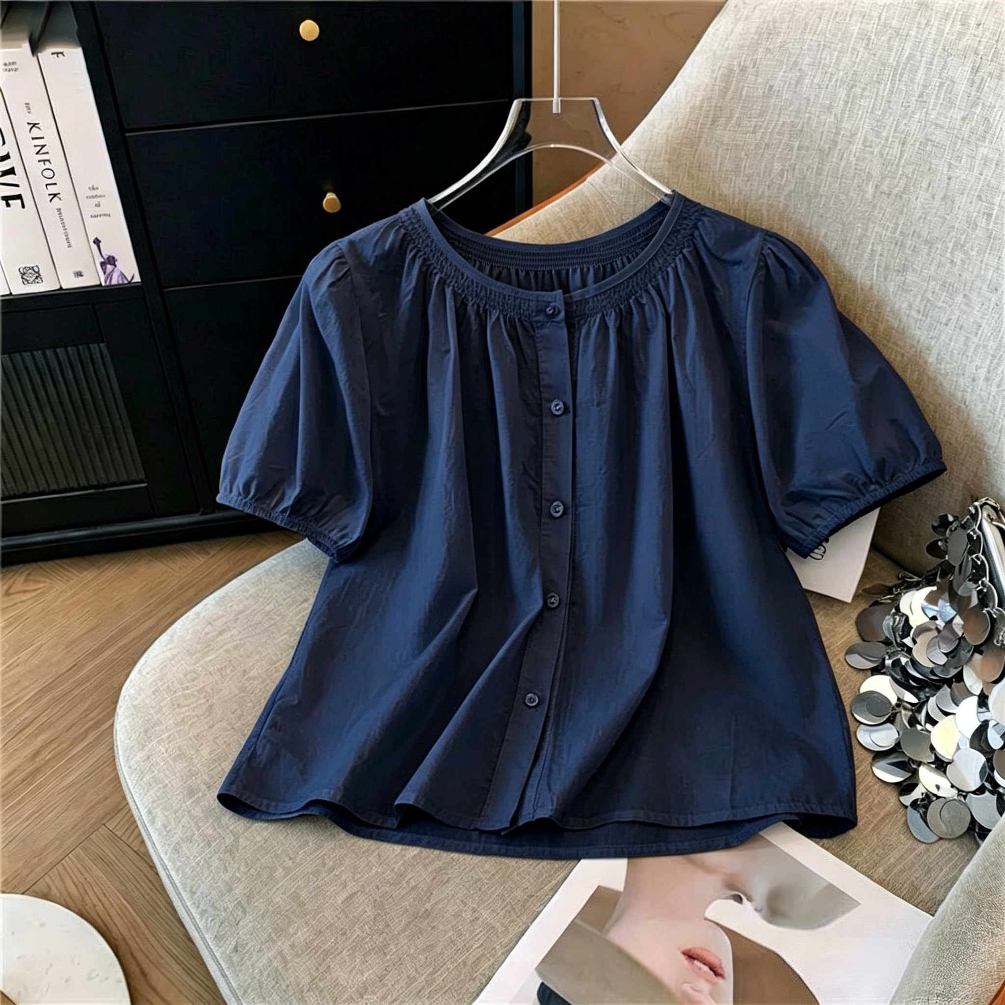 【3 Color 】refreshing puff sleeve blouses for women French round neck ...