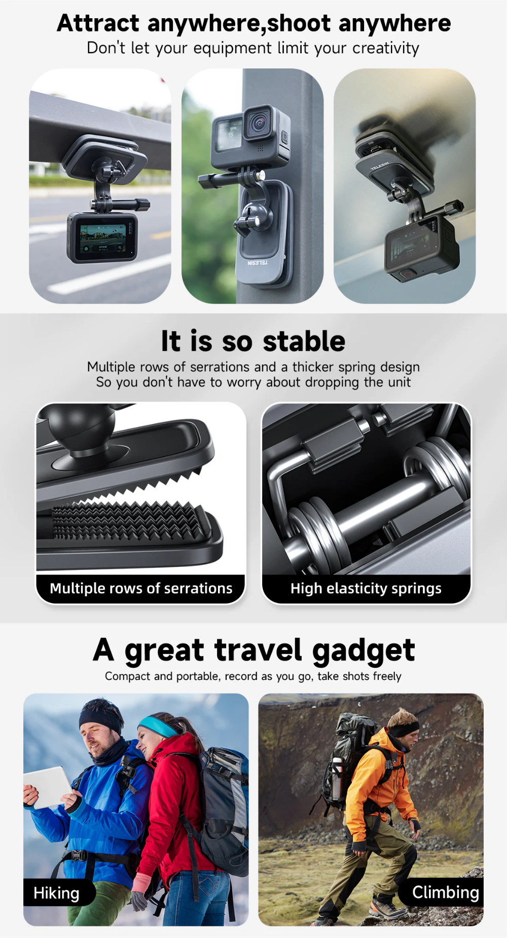 TELESIN Backpack Clip Mount for Action Cameras with 360° Ball Head and ...