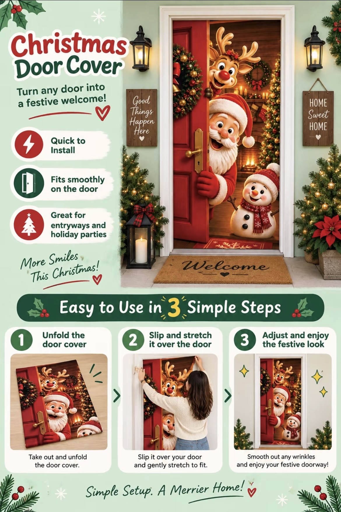 【COD】Christmas Door Curtain Santa & Reindeer Print 90 x 180 cm Holiday ...