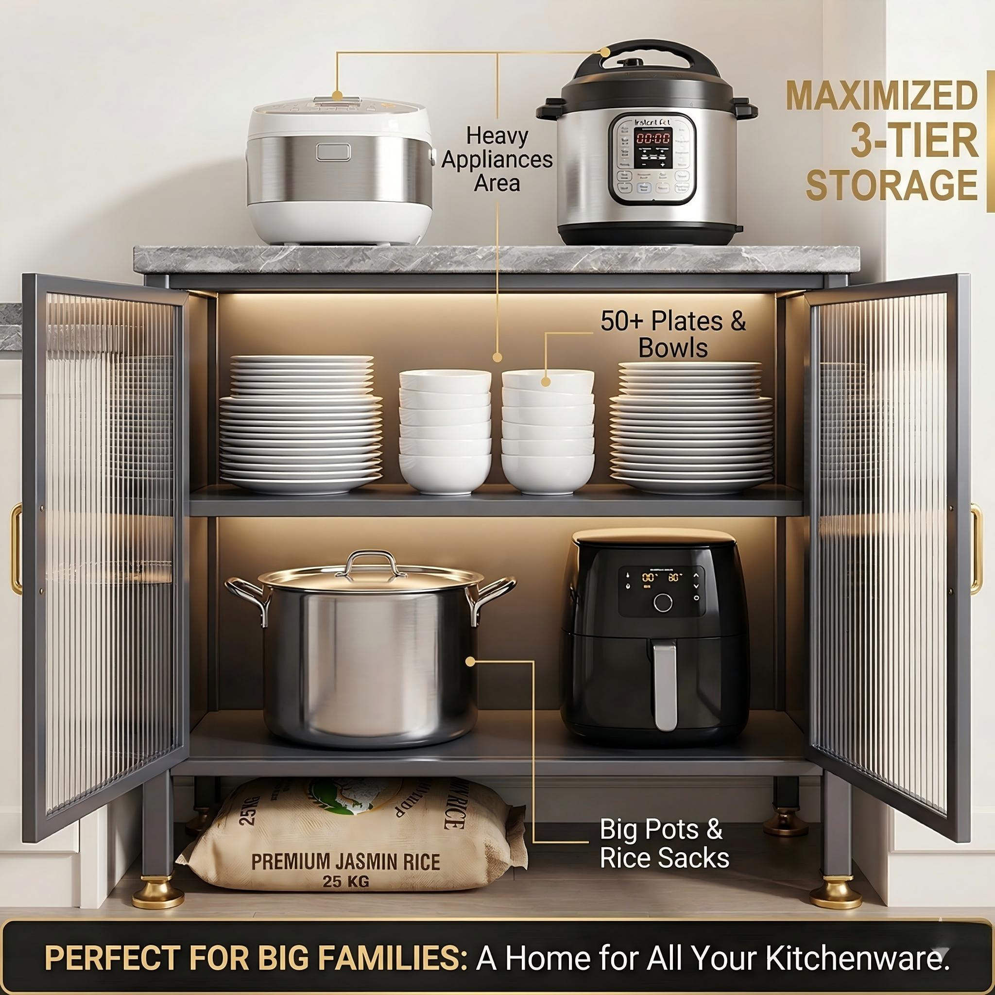 Kitchen Cabinet Marble Look Countertop Sideboard Pantry Storage Cabinet ...