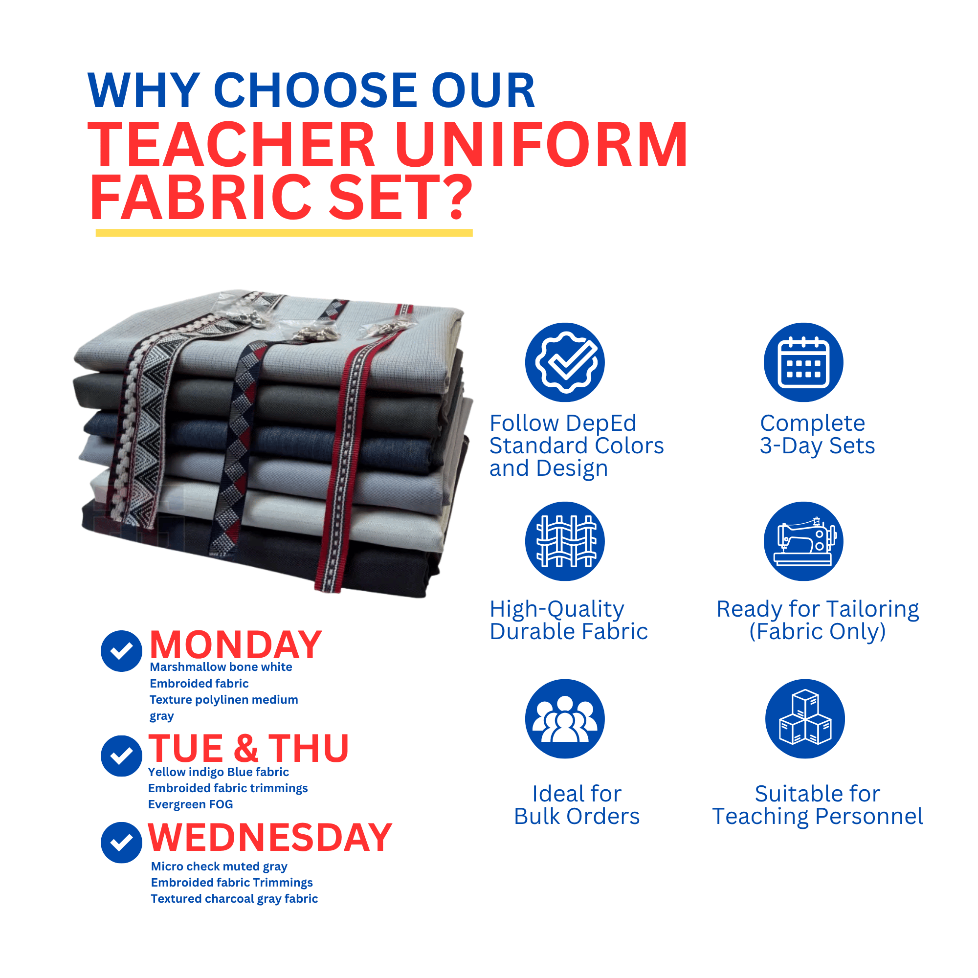 DepEd Female Teacher Uniform 2026-2027 Fabric Set (3-Day) | Blouse ...