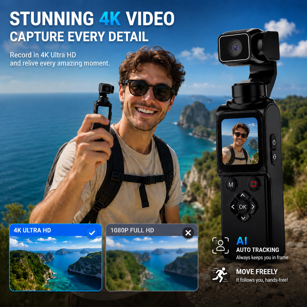 MODOFO 4K Pocket Camera AI Face Tracking Handheld WiFi Portable Digital ...