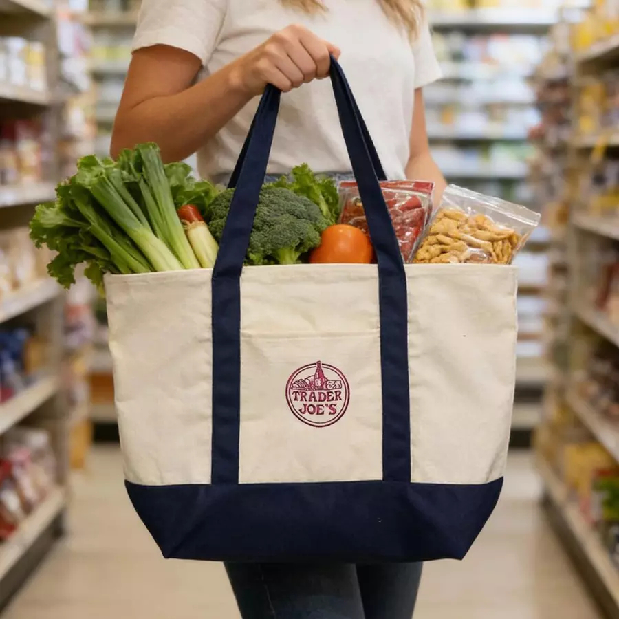 2026 New Trader Joe's Striped Canvas Tote Bag Back to Back Pockets 33* ...