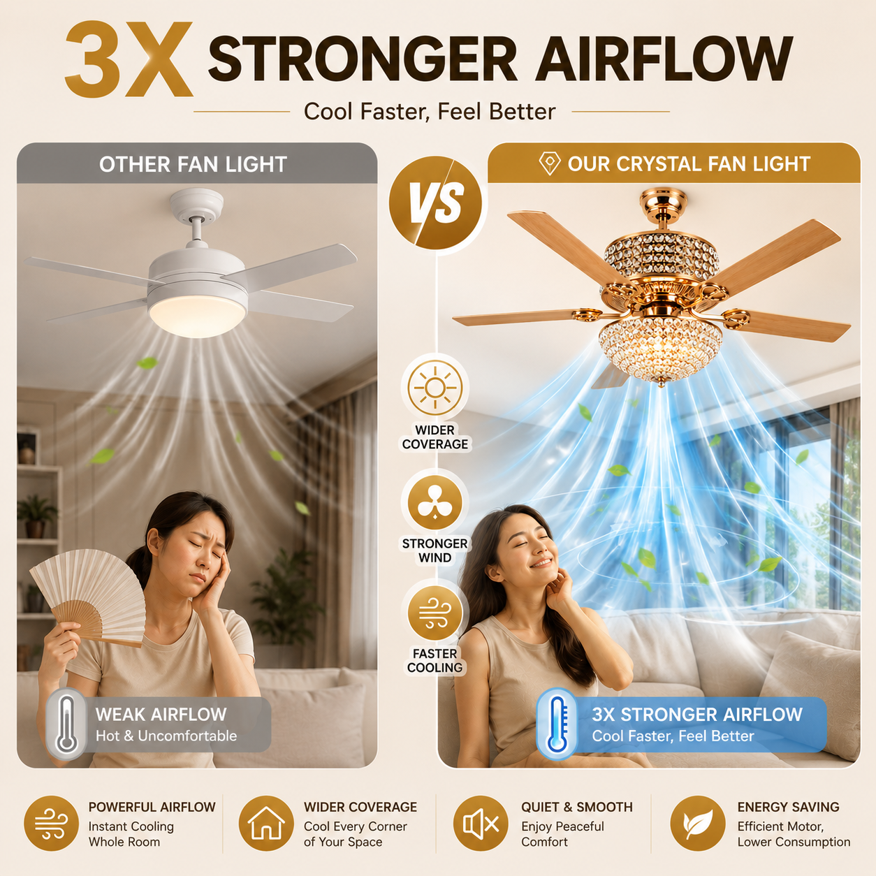 Crystal Ceiling Fan with Light Silent Motor 24W 3 Color LED Remote ...