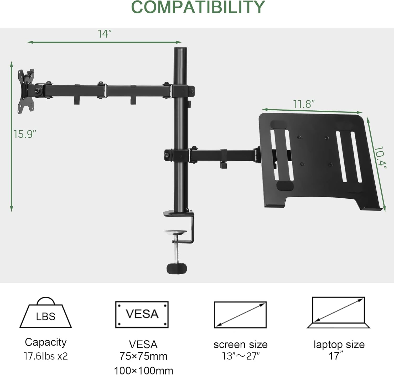 INPLAY KMT-4 Monitor and Laptop Stand With Laptop Tray Full Motion Dual ...